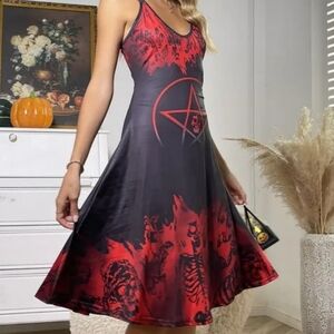 Witchy Gothic A-Line Dress – Red & Black Skull Pentacle Print w/ O-Ring Straps S